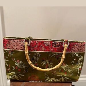 Olive Green and Red Floral Satin Faux Bamboo Handle Handbag Purse 14”x7”